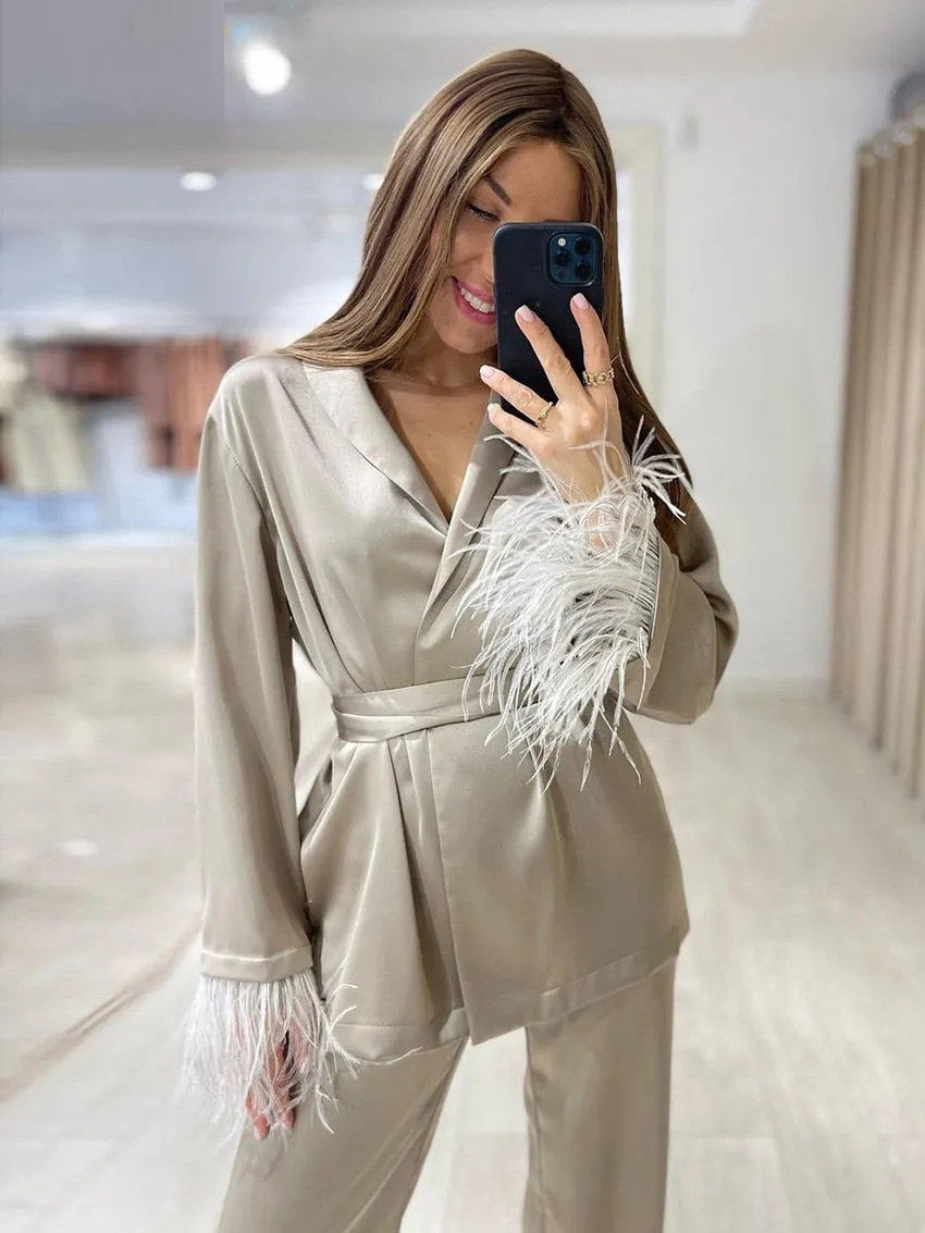 Causal Loose Home Suit Autumn Fashion Khaki Satin Wide Pants Set