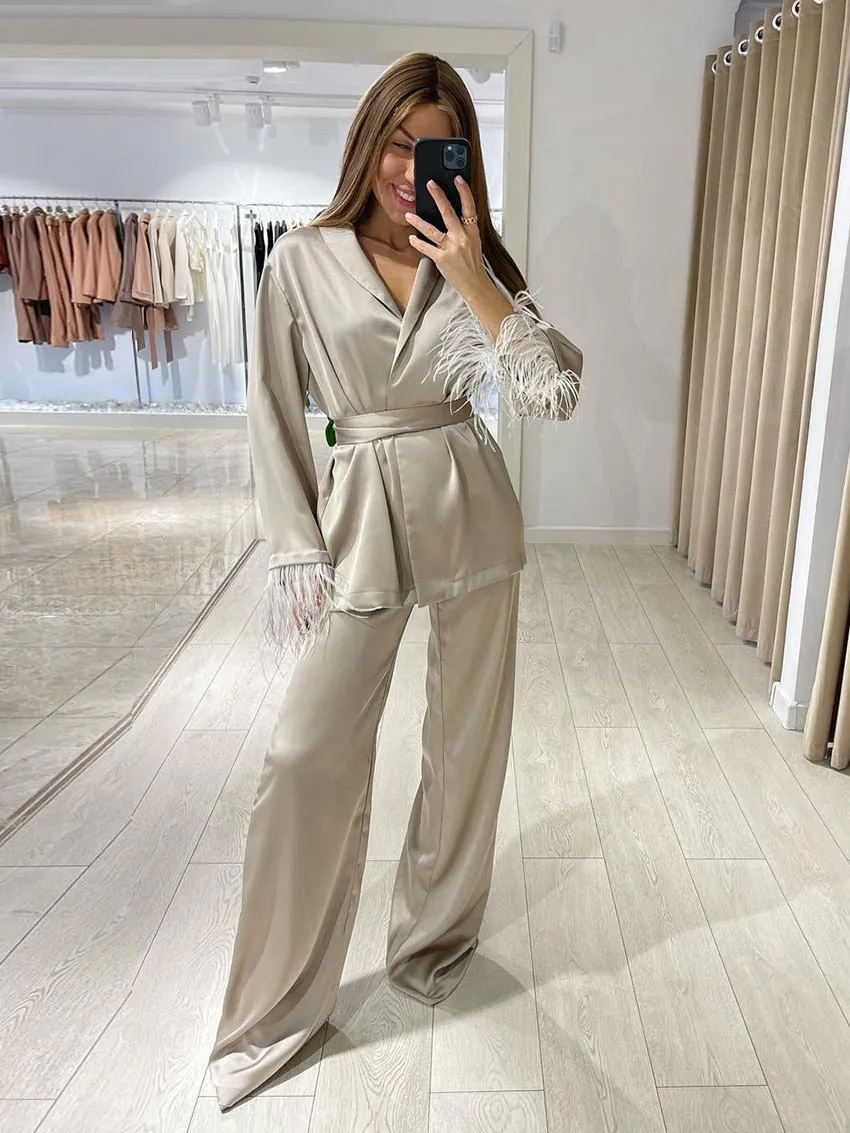 Causal Loose Home Suit Autumn Fashion Khaki Satin Wide Pants Set