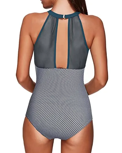 Charming Push-Up One Piece Swimsuit Neck Hook For Women-Teal Stripe