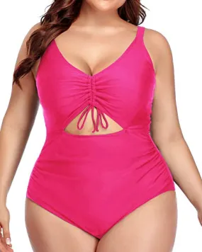 Chic Drawstring Cutout One Piece Swimsuit For Women-Neon Pink