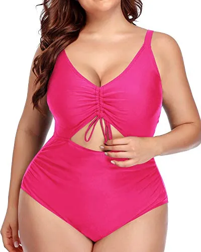 Chic Drawstring Cutout One Piece Swimsuit For Women-Neon Pink