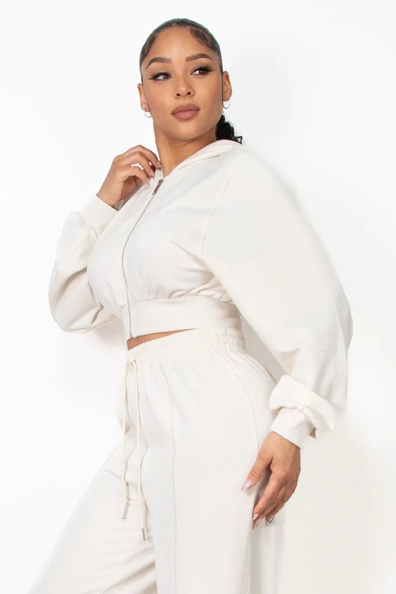 Cream Zip-Up Hoodie Solid Crop Jacket