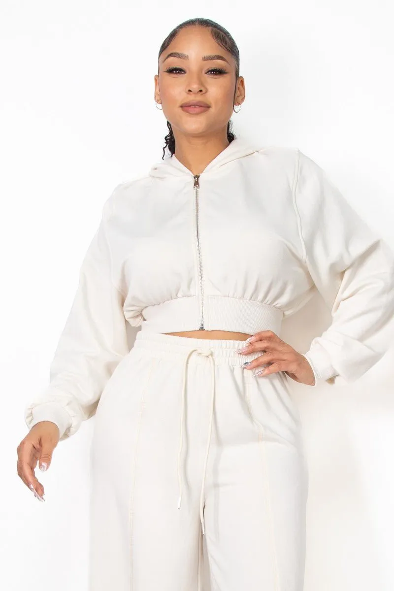 Cream Zip-Up Hoodie Solid Crop Jacket