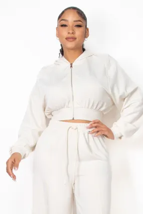Cream Zip-Up Hoodie Solid Crop Jacket