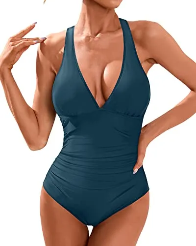 Criss Cross Back Tummy Control Women's One Piece Swimsuit-Teal