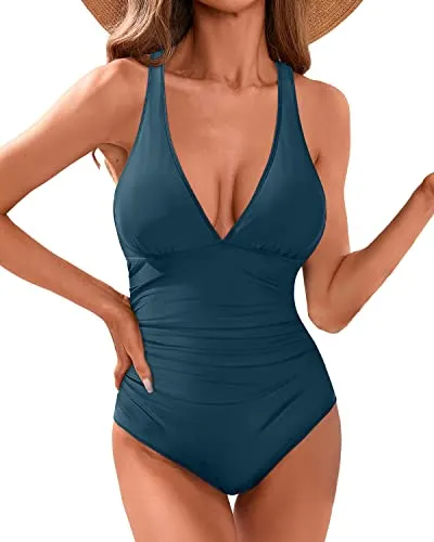 Criss Cross Back Tummy Control Women's One Piece Swimsuit-Teal