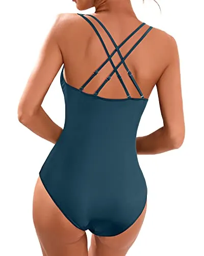 Criss Cross Back Tummy Control Women's One Piece Swimsuit-Teal