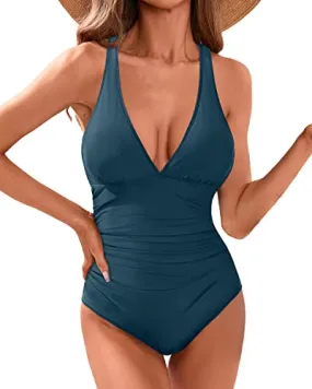 Criss Cross Back Tummy Control Women's One Piece Swimsuit-Teal