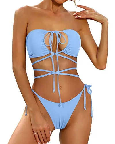 Criss-Cross Front Bikini Strappy Swimsuits For Women-Light Blue