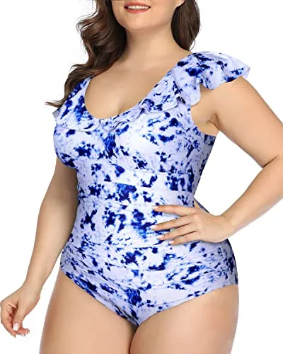 Cute Ruffled Plus Size One Piece Swimsuits-Blue Tie Dye