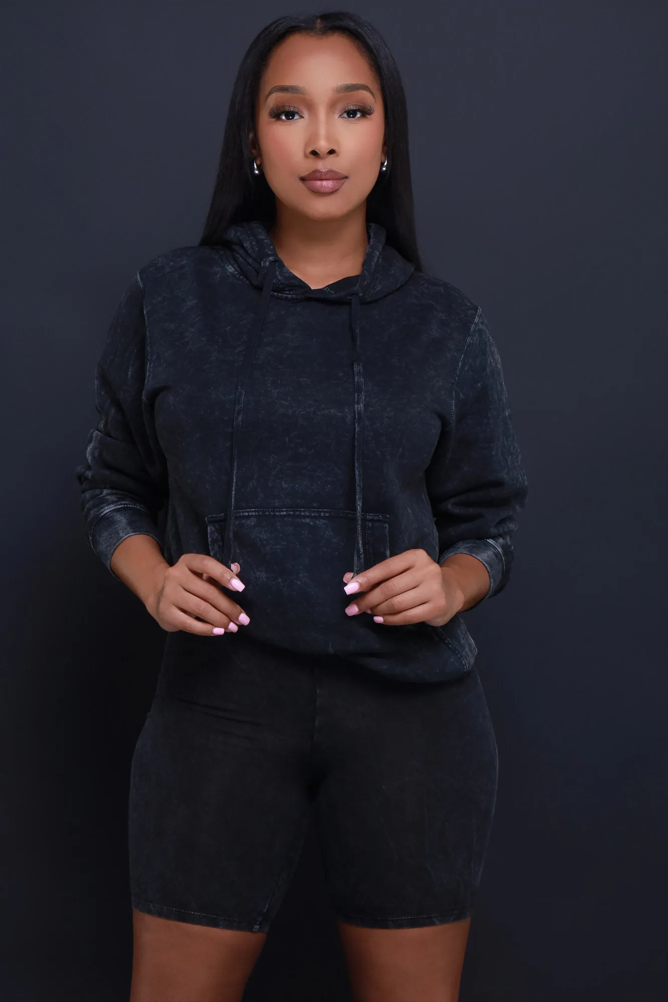 Double Back Hooded Mineral Wash Biker Shorts Set - Black