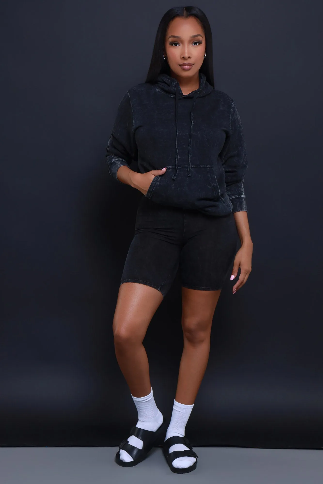 Double Back Hooded Mineral Wash Biker Shorts Set - Black