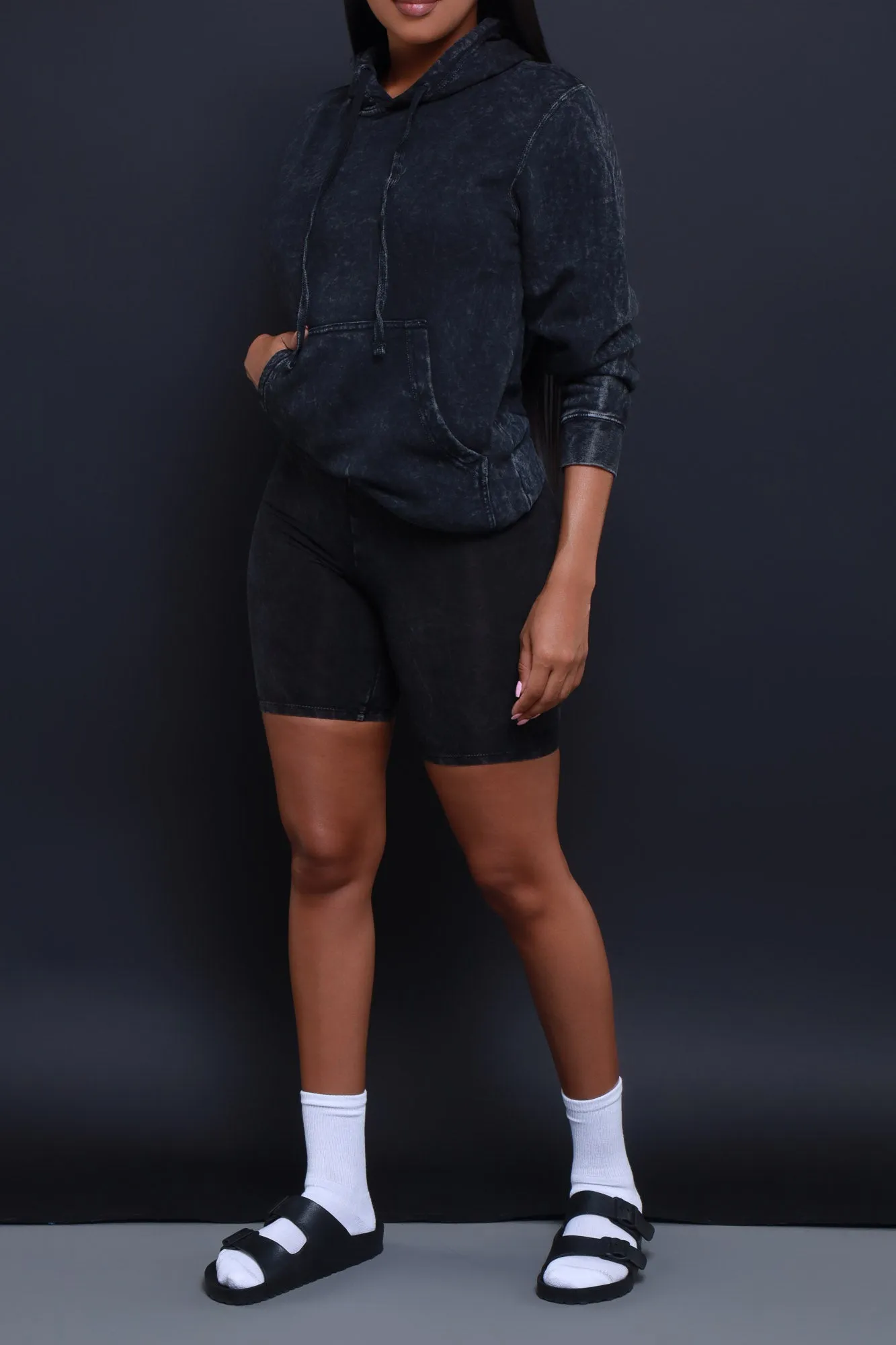 Double Back Hooded Mineral Wash Biker Shorts Set - Black