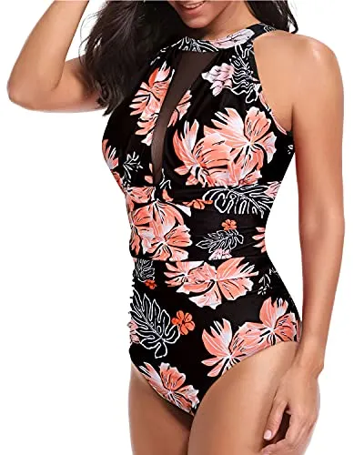 Elegant High Neck Women's Monokini Swimsuit-Black Orange Floral