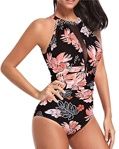 Elegant High Neck Women's Monokini Swimsuit-Black Orange Floral