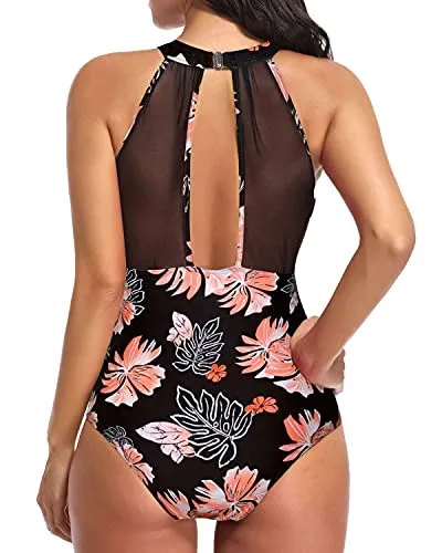 Elegant High Neck Women's Monokini Swimsuit-Black Orange Floral