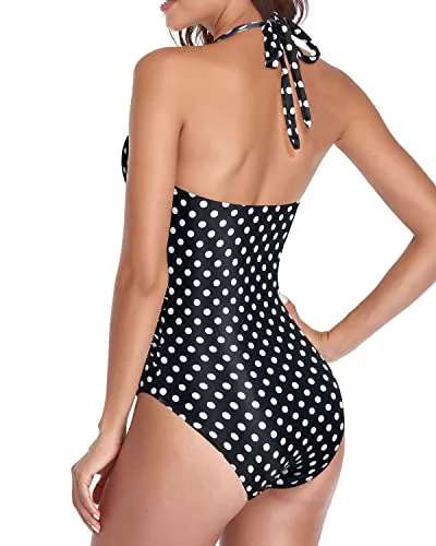 Elegant Open Back Swimsuits Black Halter Bathing Suits-Black Dot