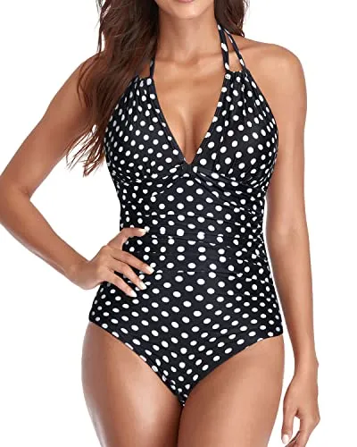 Elegant Open Back Swimsuits Black Halter Bathing Suits-Black Dot