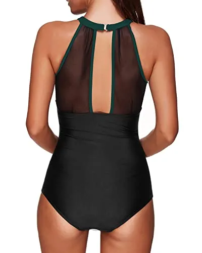 Elegant Ruched Push-Up One Piece Swimsuit For Women-Green And Black