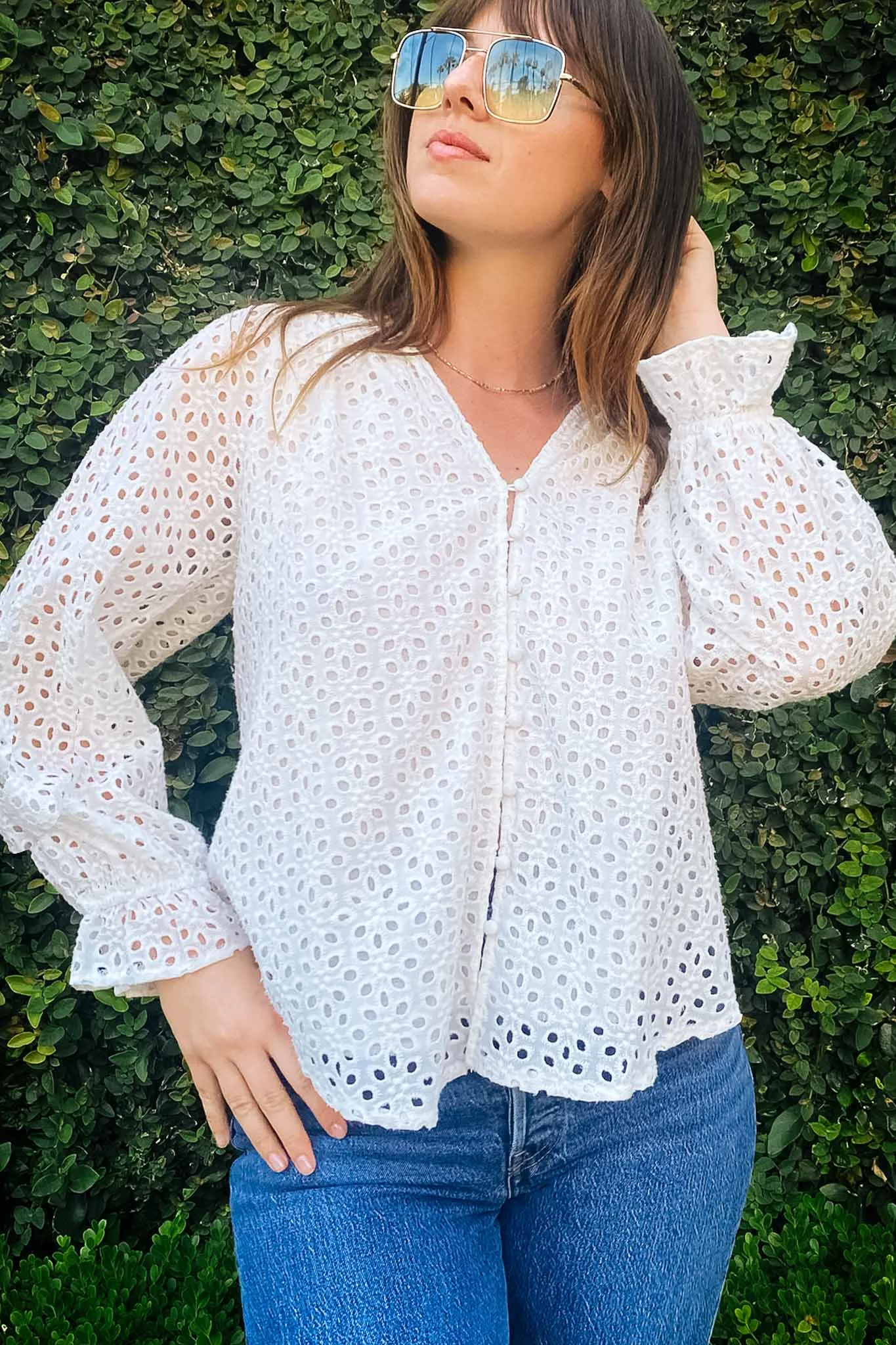 Eyelet Long Sleeve Blouse