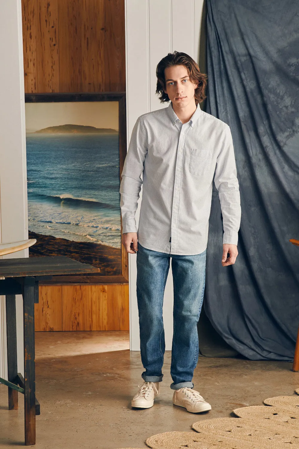 Faherty Short Sleeve Supima Oxford Shirt in Classic Stripe