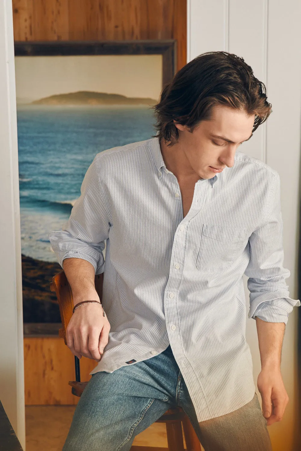 Faherty Short Sleeve Supima Oxford Shirt in Classic Stripe