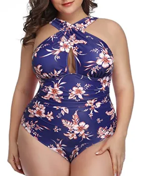 Fashionable Front Cross Plus Size Swimsuits For Women-Blue Flowers