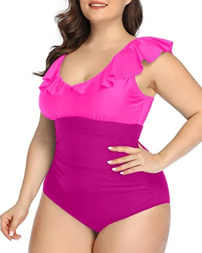 Fashionable Ruffled Plus Size Swimsuit Tummy Control-Phosphor And Dark Pink