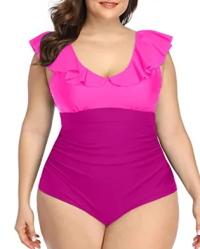 Fashionable Ruffled Plus Size Swimsuit Tummy Control-Phosphor And Dark Pink