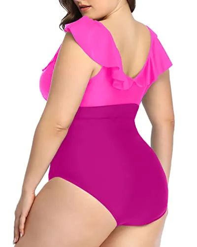 Fashionable Ruffled Plus Size Swimsuit Tummy Control-Phosphor And Dark Pink