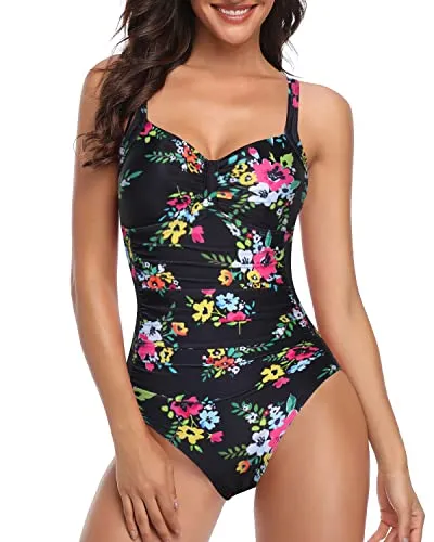 Flattering Ruched Pattern Long Torso Swimsuits For Women-Black Floral