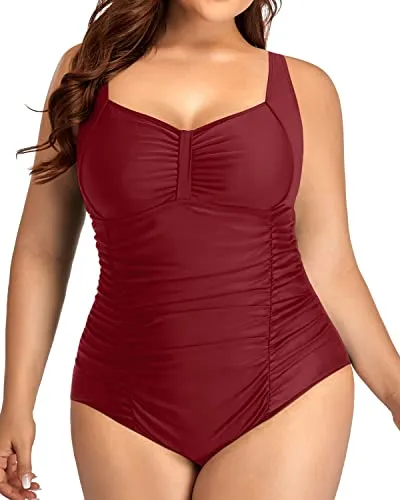 Flattering Ruched Push Up Plus Size Swimsuit-Maroon