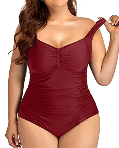 Flattering Ruched Push Up Plus Size Swimsuit-Maroon