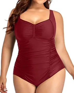 Flattering Ruched Push Up Plus Size Swimsuit-Maroon