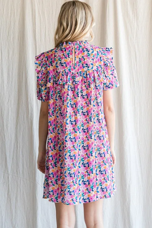 Floral Pleated Frill Shoulder Ruffle Detail Dress- Pink