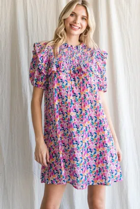 Floral Pleated Frill Shoulder Ruffle Detail Dress- Pink
