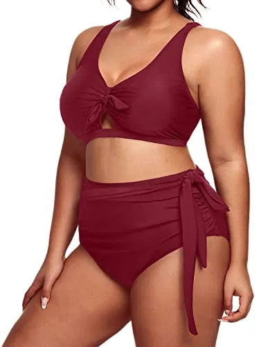 Full Coverage High Waist Bikini Plus Size Tie Knot Swim Suit-Maroon