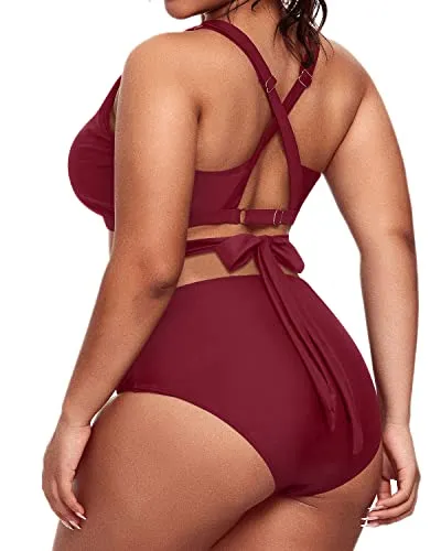 Full Coverage High Waist Bikini Plus Size Tie Knot Swim Suit-Maroon