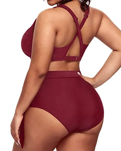 Full Coverage High Waist Bikini Plus Size Tie Knot Swim Suit-Maroon