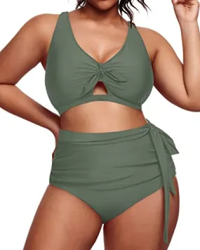 Full Coverage Ruched Plus Size Bikini Swimsuit-Olive Green
