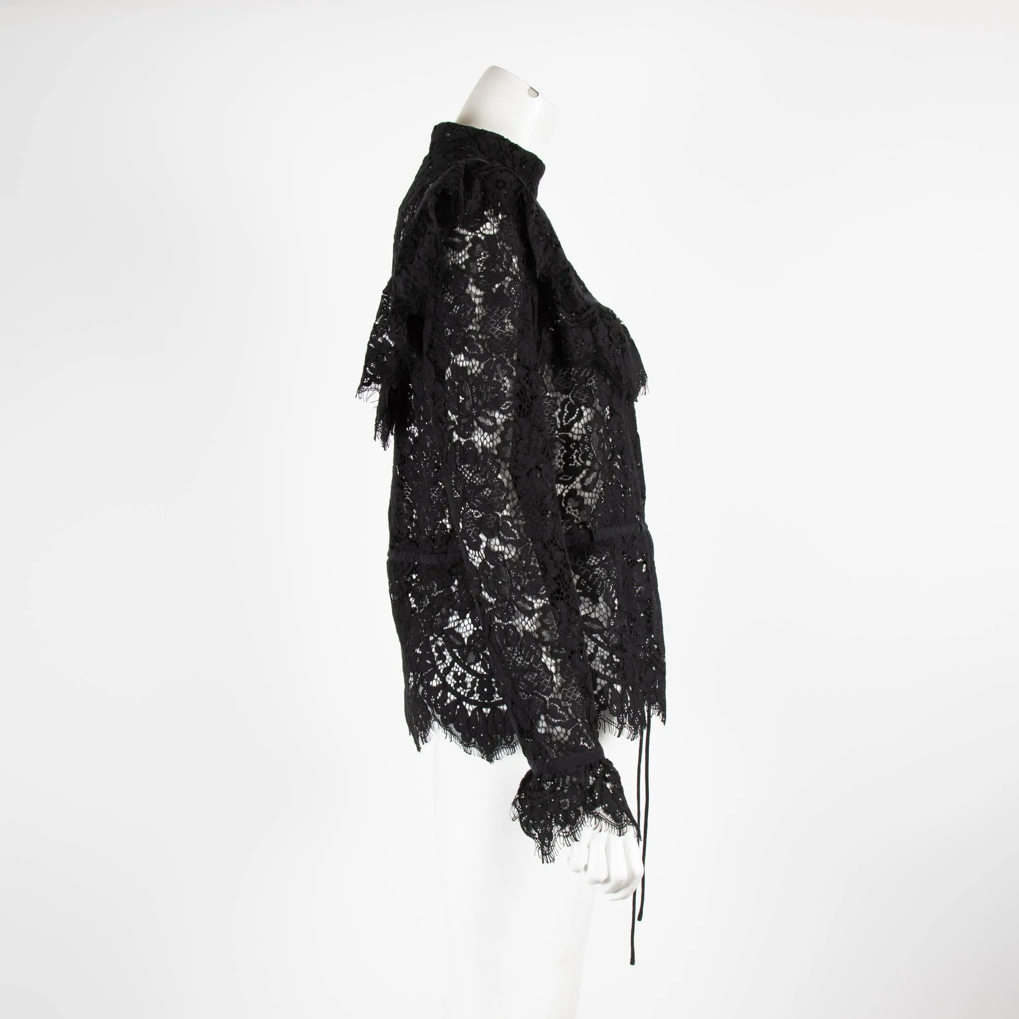 Ganni Black Lace Frill with Waist Tie Blouse