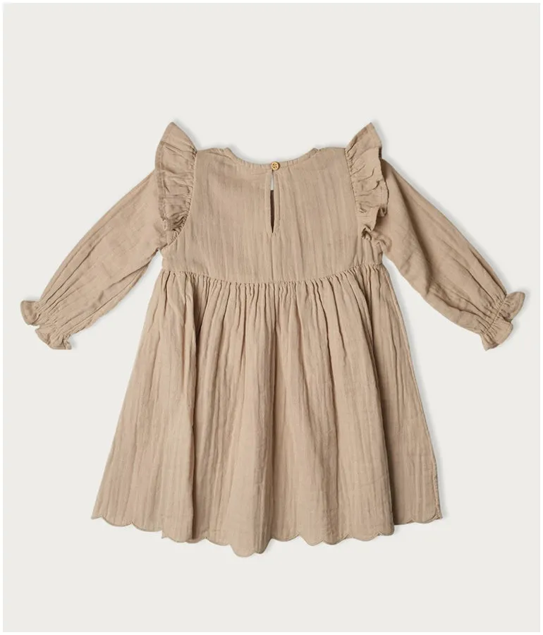 Girl's Long-sleeved Muslin Charlotte Dress - Oat