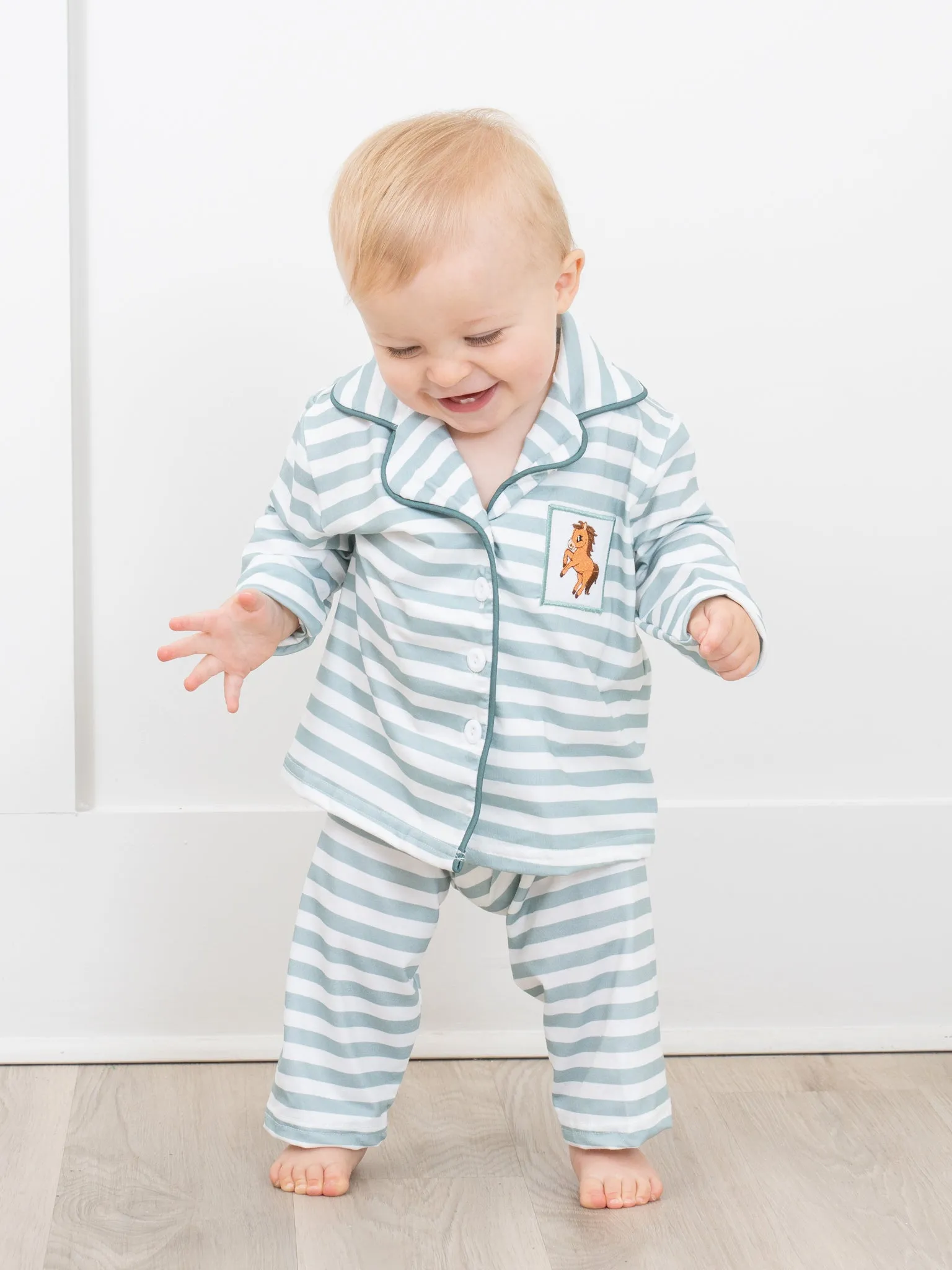 Green & White Stripe Embroidered Horse Pajamas - Boys & Girls