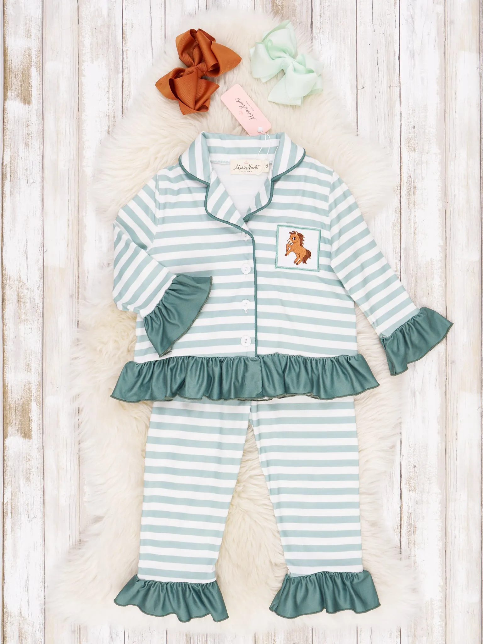 Green & White Stripe Embroidered Horse Pajamas - Boys & Girls