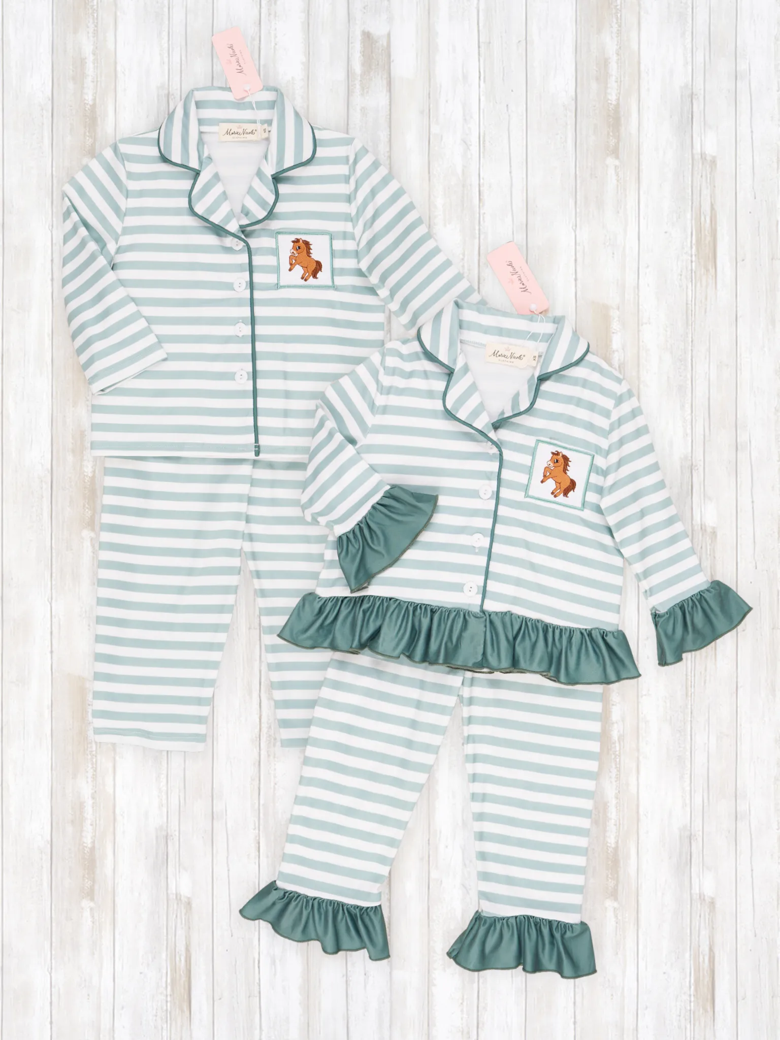 Green & White Stripe Embroidered Horse Pajamas - Boys & Girls