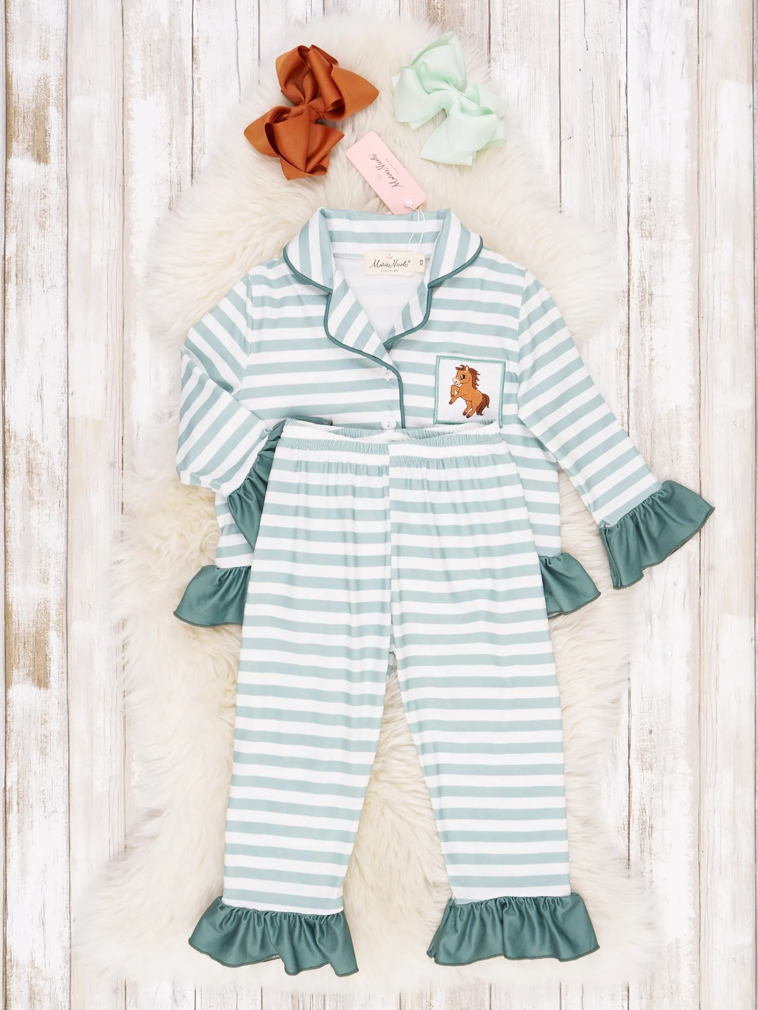 Green & White Stripe Embroidered Horse Pajamas - Boys & Girls