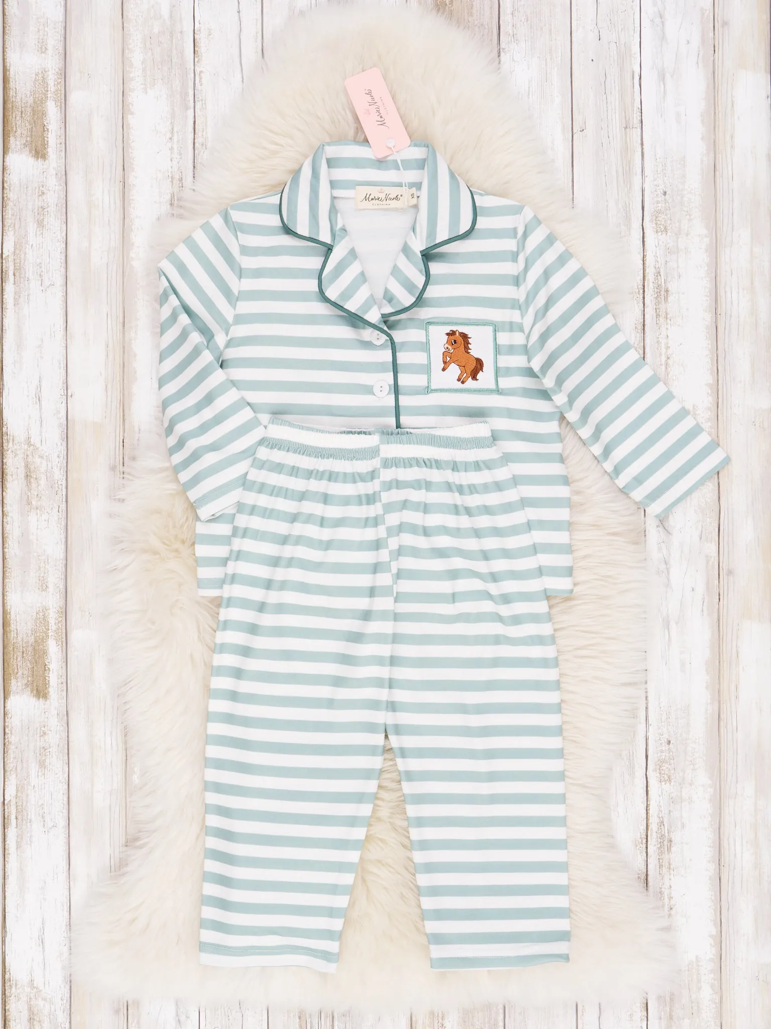 Green & White Stripe Embroidered Horse Pajamas - Boys & Girls