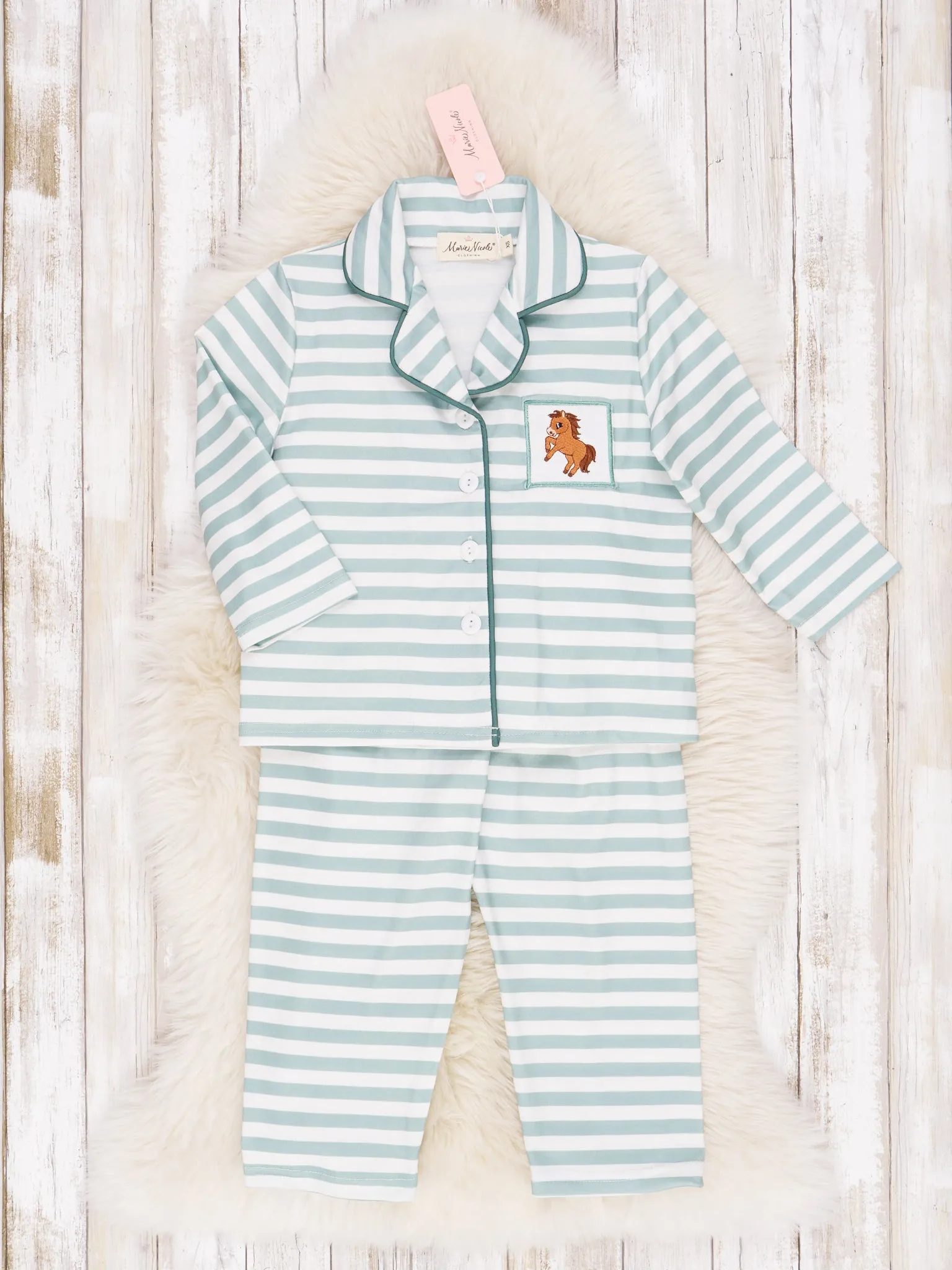 Green & White Stripe Embroidered Horse Pajamas - Boys & Girls