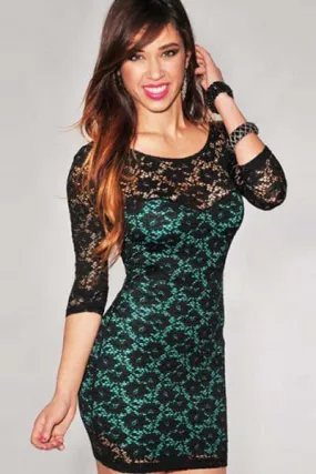 Green Round Neck Slim Package Hip Hollow Long Sleeve Dress