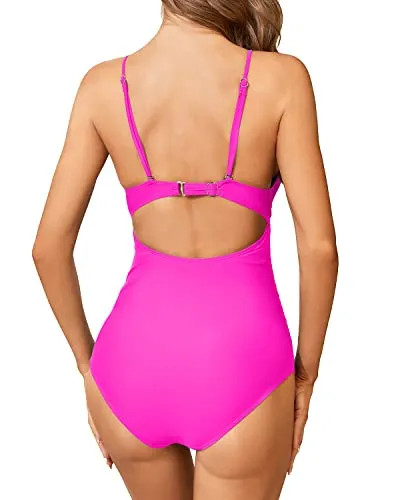 Halter High Neck One Piece Swimsuit For Women Tummy Control Bathing Suits-Neon Pink
